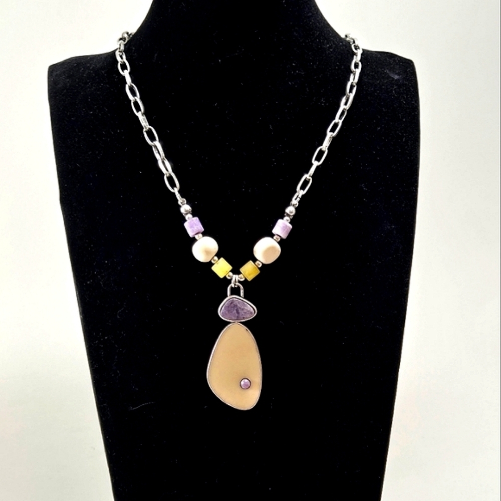 Natural Stone Pendant Necklace 24" Long Paperclip Chain Cream Color and Purple